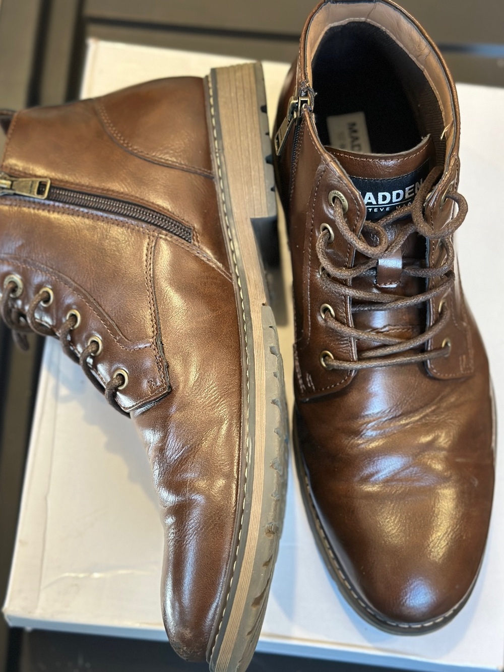 Steve Madden Brown Leather Boots with Side Zipper men’s size 12